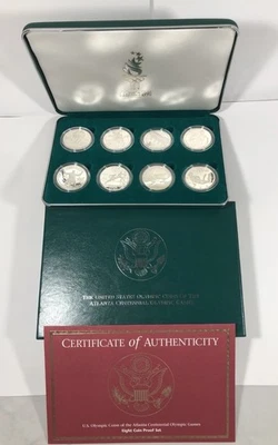 1995-1996 Atlanta Olympic Games 8 Proof Silver Dollars Set in Green Box - COA🔥 - Image 1 of 4