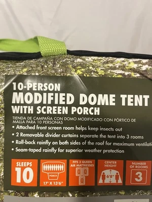 10-Person Modified Family Dome Tent with Screen Porch, 3 Rooms, Outdoor Camping - Image 1 of 3