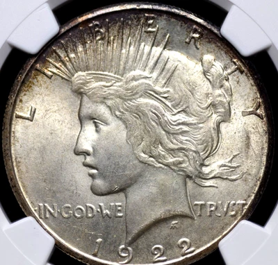 1922 S PEACE DOLLAR NGC MS 63 PUFFY WHITE WITH A BIT OF FOGGY PEWTER AND SOME - Image 1 of 4