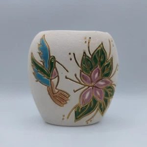 Hummingbird Pottery Vase Small Flower Gold Glaze Signed Art Hummer USA Nix Fly - Picture 1 of 7