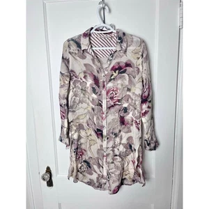 Soft Surroundings Floral Purple Beige Long Sleeve Flowy Boho Tunic Top SZ Small - Picture 1 of 7