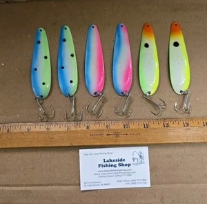 6 UNBRANDED BRIGHT COLORS 4" UV SPOONS SALMON WALLEYE TROLLING FISHING LURES - Picture 1 of 4