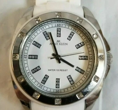 Anne Klein V121E Lady's Watch Rhinestones White Band Tested Needs Battery - Image 1 of 4