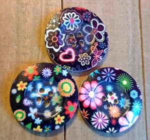 3 Multicolor Floral Sewing Buttons Crafting Wood 4 Hole Round 1.5" - Picture 1 of 2