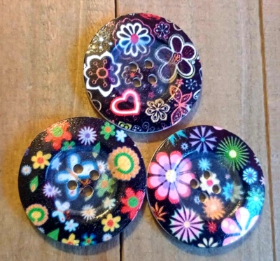 3 Multicolor Floral Sewing Buttons Crafting Wood 4 Hole Round 1.5"  - Image 1 of 2
