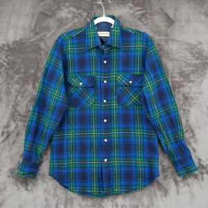 St. Johns Bay Button Shirt Vtg Pure Wool Blue Green Plaid Medium Tall Longsleeve - Picture 1 of 16