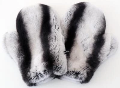 Fur Gloves Fur Mittens Rex Chinchilla Look Winter Fashion Grey Black - Image 1 of 3