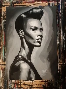 minimalistic miniature acrylic portrait of Grace Jones, pop art, handmade - Picture 1 of 2