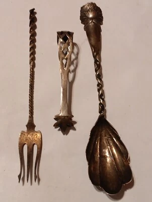 De colección Whiting Plata de Ley #26 Peonía Azúcar Cuchara-y-Azúcar Cubo Pinzas + Tenedor 44g Foto 1 de 4