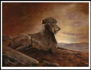 IRISCHER WOLFSHUND GEGEN FRÜHEN MORGEN SONNENAUFGANG VINTAGE STIL HUND KUNSTDRUCK POSTER - Bild 1 von 1