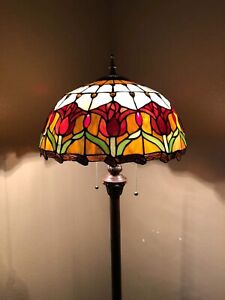 Enjoy Tiffany Style Floor Lamp Stained Glass Tulips Red Vintage H64*W16