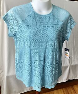 Chaps Pull-over Knit Top Lace Crochet Lined Short Sleeve Dream Lake Blue Sz 1X