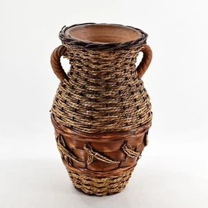 Vintage Wicker Rattan Wrapped Terracotta Vase Rustic Boho Decor 11.5 Inch - Picture 1 of 5