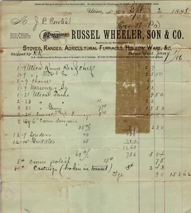 1885 RUSSEL WHEELER, SON CO. SALES RECEIPT UTICA NY - Picture 1 of 1