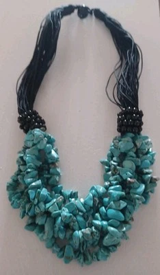  АГАТ ОЖЕРЕЛЬЕ БИРЮЗОВЫЙ МУЛЬТИ ПРЯДЬ СКОЛ БУСИНА 16» НА ЧЕРНЫЕ ШНУРЫ-300 TCW - Изображение 1 из 4
