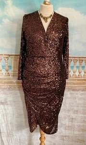 Evening Dress 16 18 20 Black Copper Sequin Wrap Style Midi Long Sleeve Stretch - Picture 1 of 7