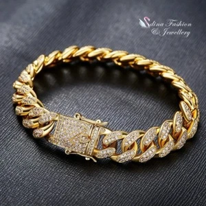 Thick 18K White/Yellow Gold Filled Crystal Studded Luxury Hip Hop Men's Bracelet - Picture 1 of 8
