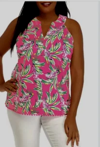 NEU Crown & Ivy Gr. L Damen Strick Top Bluse Tank rosa tropische Vögel Bommelsaum - Bild 1 von 10