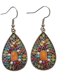 Pendientes colgantes BOHO naranja multicolor piedra esmalte lágrima con alambres franceses  - Imagen 1 de 1