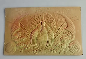 1907 THANKSGIVING GREETINGS Embossed Postcard Air-Brushed Turkey /Cornucopias #1 - Picture 1 of 3