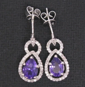 Fashion Natural Purple Amethyst Diamond Drop Women Earrings Solid 14K White Gold - Picture 1 of 5