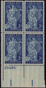 US USA Sc# 1082 MNH FVF PLATE # BLOCK Labor Day Family Pick Ax Sledge Hammer - Picture 1 of 1