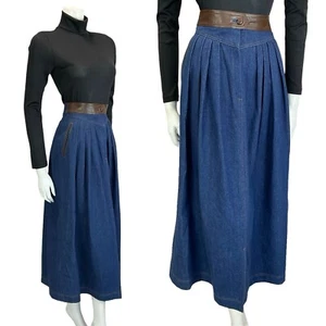 GONNA MIDI VINTAGE ANNI 70 80 MARRONE BLU ECOPELLE DENIM GIOGO BASCO VITA PLISSETTATA 6 - Foto 1 di 10
