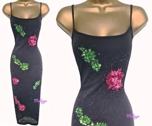 KAREN MILLEN ✩ VINTAGE SEQUIN EMBELLISHED BLACK MESH WIGGLE SLIP DRESS ✩ UK 12 - Picture 1 of 8
