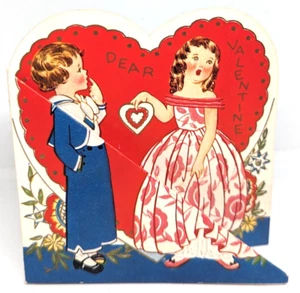 Vintage Used 1930's 1940's Boy Girl Heart Valentines Greeting Card (EB9683) - Picture 1 of 4