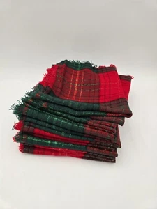 12 Vintage Red Green Knit Plaid Christmas Napkins Rag Fringe Metallic Sparkle - Picture 1 of 6
