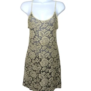 Val Mode Small Black Gold Floral Lace Slip Nightgown Spaghetti Strap Mod Hip VTG - Picture 1 of 12