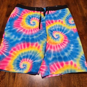 Hurley Neptune Board Swim Shorts Boys Size 20/30" Blue Yellow Tie Dye Surf - Picture 1 of 9