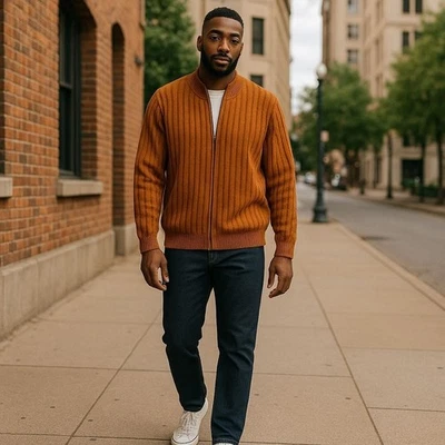 Bachrach Mens XL Sweater Striped Cardigan Wool Blend Zip Vintage Retro Pullover - Image 1 of 4