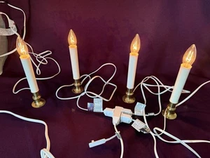 FOUR Electric Christmas Window 9" Candles Lights Brass With Bulbs 5' Cord - Picture 1 of 3