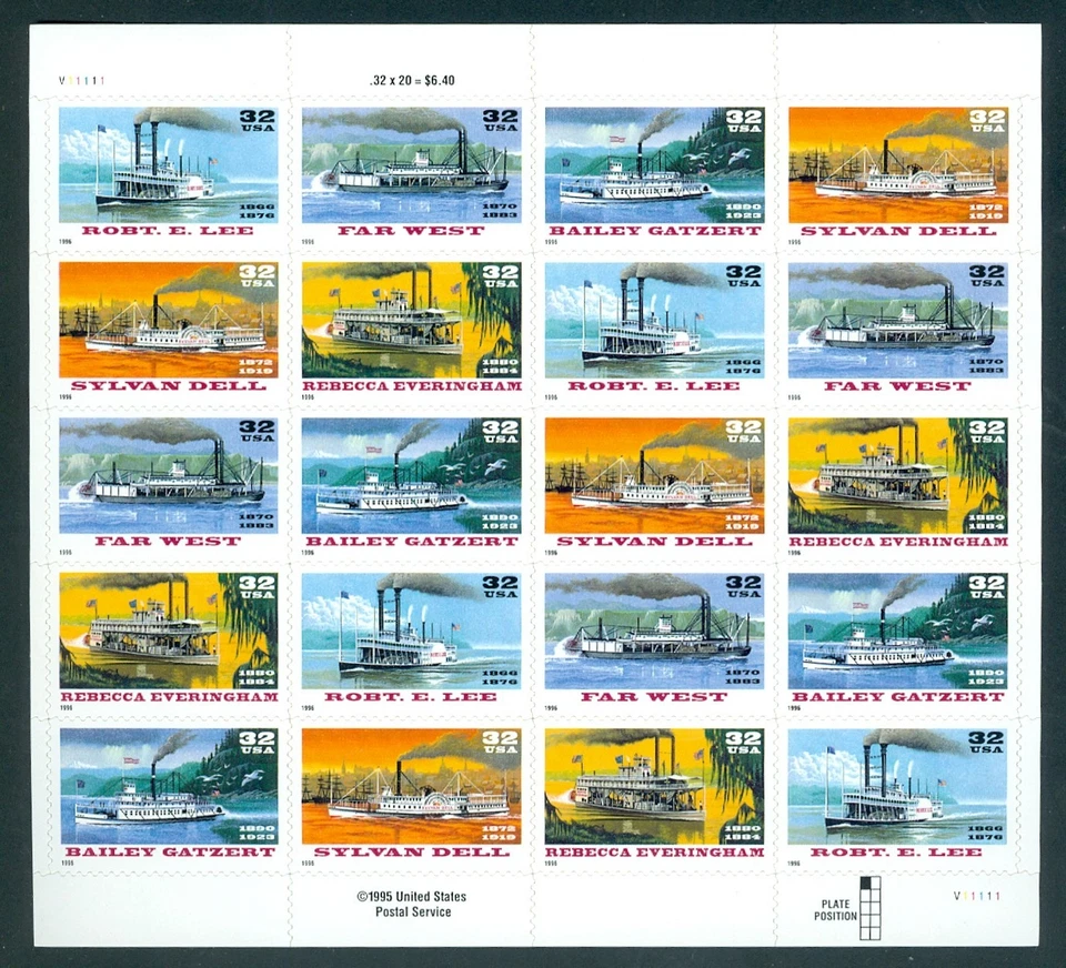 US 3091-3095 Riverboats, Complete sheet/20, 1995 Self Adhesive, Mint NH - Image 1 of 1