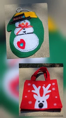 2 Felt Gift Bags Stockings Red Green Handmade Avon  Reindeer Snowman  - Image 1 of 4