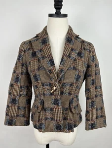 Blazer de tweed vintage Y2K talla 2/XS marrón chocolate a cuadros mezcla de lana - Imagen 1 de 10
