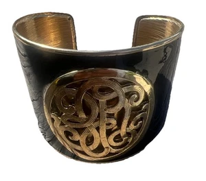 Vtg John Wind Lucite Faux Tortoise Shell Brass Monogrammed Clamper Cuff Bracelet - Picture 1 of 7