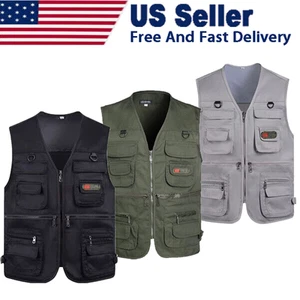 Mens Fishing Hiking Camping Gilet Waistcoat Tops Cargo Multi Pocket Utility Vest - Picture 1 of 27