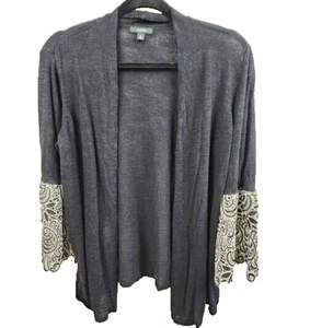 Alfani Womens BOHO Cascading Cardigan Medium Black Linen Blend Lace Bell Sleeve - Picture 1 of 5