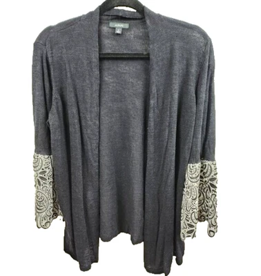 Alfani Womens BOHO Cascading Cardigan Medium Black Linen Blend Lace Bell Sleeve - Image 1 of 4