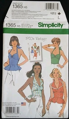 UNCUT Simplicity 1365 Women's Retro 70s Halter Peplum Tie Top Pattern size 6-14 - Image 1 of 3