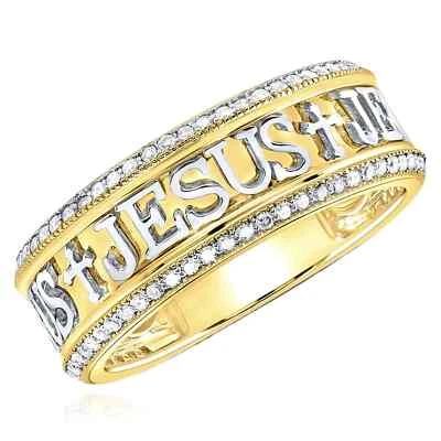 10k 2 Tone Gold Mens Diamond Religious Jesus Cross Ring Band 1/2CTW - Image 1 of 4