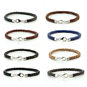 Herren Leder Armband Mit Sterling Silber Verschluss Geflochten Farbauswahl - Bild 1 von 9