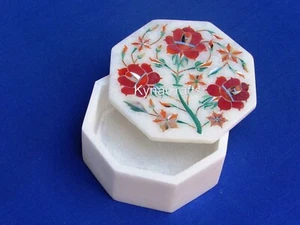 Carnelian Stone Inlay Work Trinket Box Octagon White Marble Cosmetic Box - Picture 1 of 5