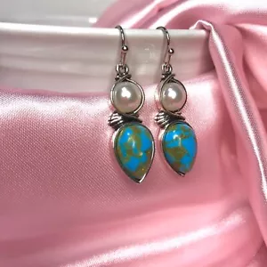 Turquoise and pearl drop dangle earrings - Picture 1 of 2