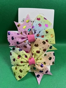 Colorful Embellished Hair Bow Clips Grosgrain Ribbon Girl Hair Barrette Set - Picture 1 of 5