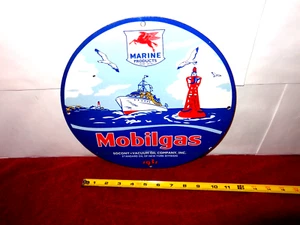 VINTAGE 11 3/4 in MOBILGAS MARINE PRODUCTS ADV SIGN HEAVY METAL PORCELAIN -S143D - Picture 1 of 5