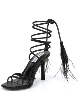 Steve Madden Bryden Black Tie Up Open Toe Feather Detailed Heeled Strappy Sandal - Picture 1 of 5