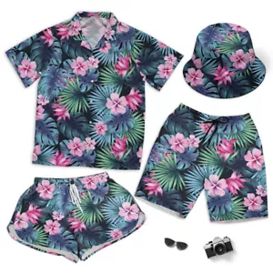 Tropical Print With Summer Leaves Short Beach Men Women Short And Hawaiian Shirt - Picture 1 of 8